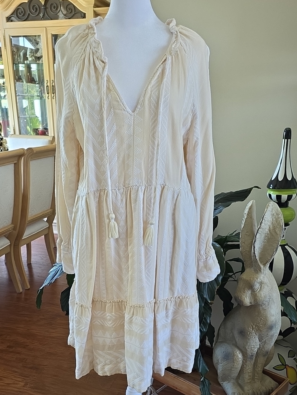 Anthropologie Cream Textured V-Neck Long Sleeve Tassel Dress